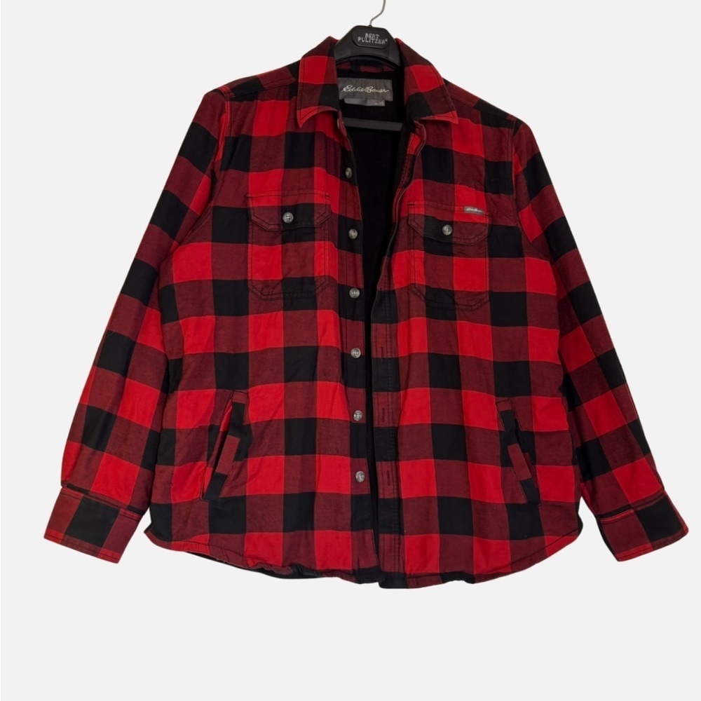 Eddie Bauer Flannel Shirt Jacket L Plaid Fleece Lined Button Shacket Pockets
